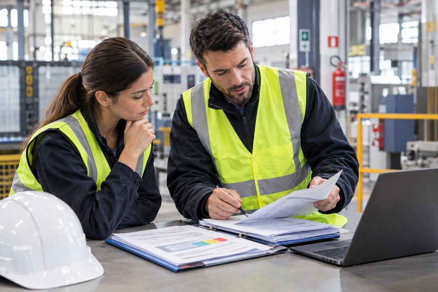 Due professionisti che esaminano la documentazione sulla sicurezza in un'azienda