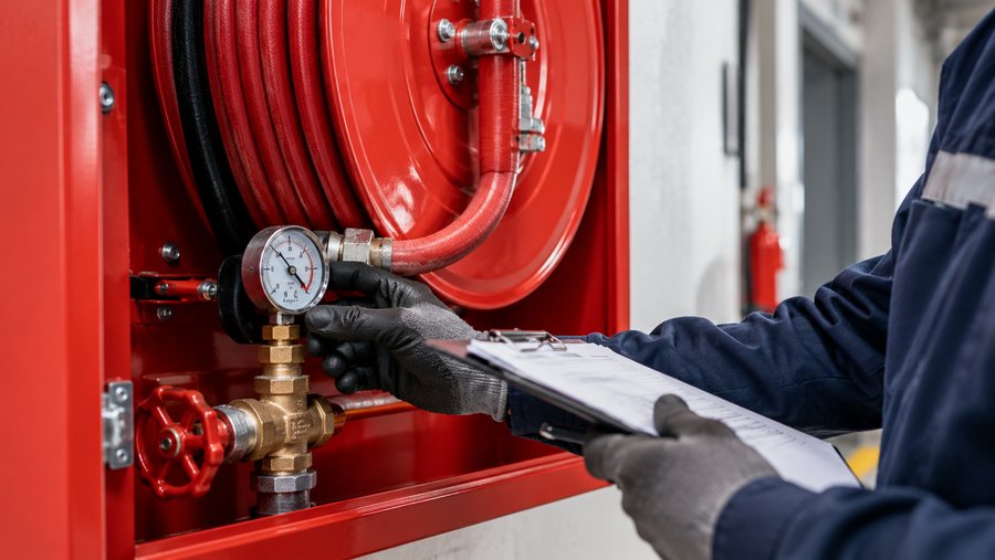 Tecnico che controlla un naspo antincendio